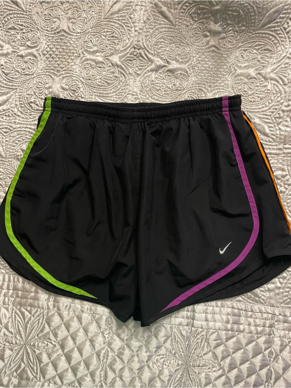 Nike Women's Black Athletic Shorts with Green, Purple & Orange Trim